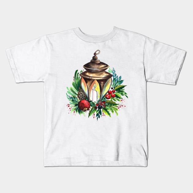 Lantern watercolor Christmas Kids T-Shirt by Mako Design 